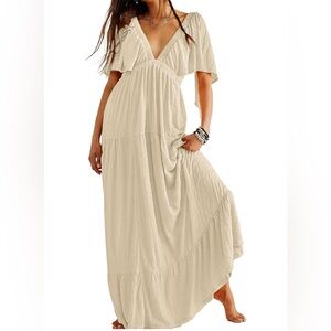 Bohemian V-Neck Tiered Maxi Dress in Cream